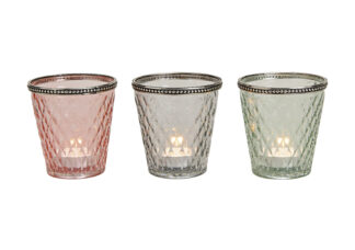H157-Porta vela Cristal / Gris Metal / Rosa / Verde Color 3 mod. (An / Al / Pr) 10X10X10Cm