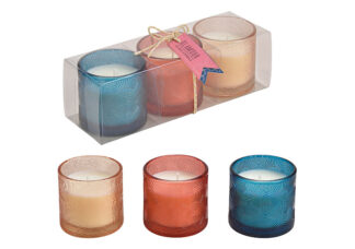 W921-Portavelas de Vidrio Con Cera de Colores 3-Mod.T. Los 7X7X7Cm