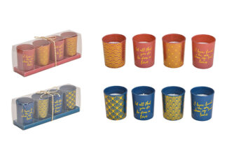 W921-Portavelas de Vidrio Con Cera de Colores 4 Juegos 2 Mod.T. Los 3X5X3Cm Los 23X8X6Cm