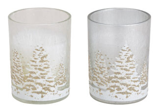 W117-Portavelas de Vidrio Con Cera Invierno Bosque Blanco / Plateado 2-Mod.T. Los 8X10X8Cm