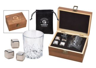 H256-Cubos de Whisky de Acero Inoxidable, 4 Piezas, 2,7Cm, Con 1 Bolsa de Terciopelo Negro, 1 Vaso de 210 Ml, En Caja de Madera 18X9X16Cm