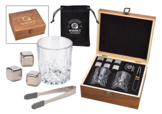 H256-Cubos de Whisky de Acero Inoxidable, 6 Piezas, 2,7 Cm, Con 1 Bolsa de Terciopelo Negro, 2 Vasos de 210 Ml, 1 Pinza, En Caja de Madera 23X10X21Cm