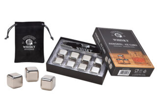 H256-Cubos de Whisky de Acero Inoxidable, 8 Piezas, 2,7Cm, Con 1 Bolsa de Terciopelo Negro, 1 Pinza, En Caja de Papel 16X3X12 Cm