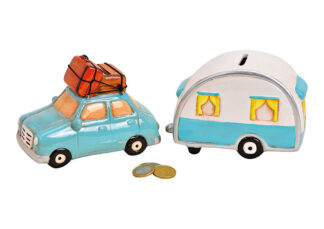 H265-Hucha Set de 2, Coche Y Caravana, Cerámica, Azul, (An / Al / Pr) 8X30X10Cm