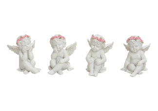 H356-Ángel Con Corona de Rosas Blanco Sit Ting Poly 4-Mod..5X5X6Cm