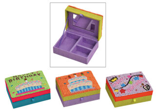 A637-Joyero India Happy Birthday de Madera, Textil, Cuentas de Vidrio de Colores, 3 Mod. 10X5X8Cm